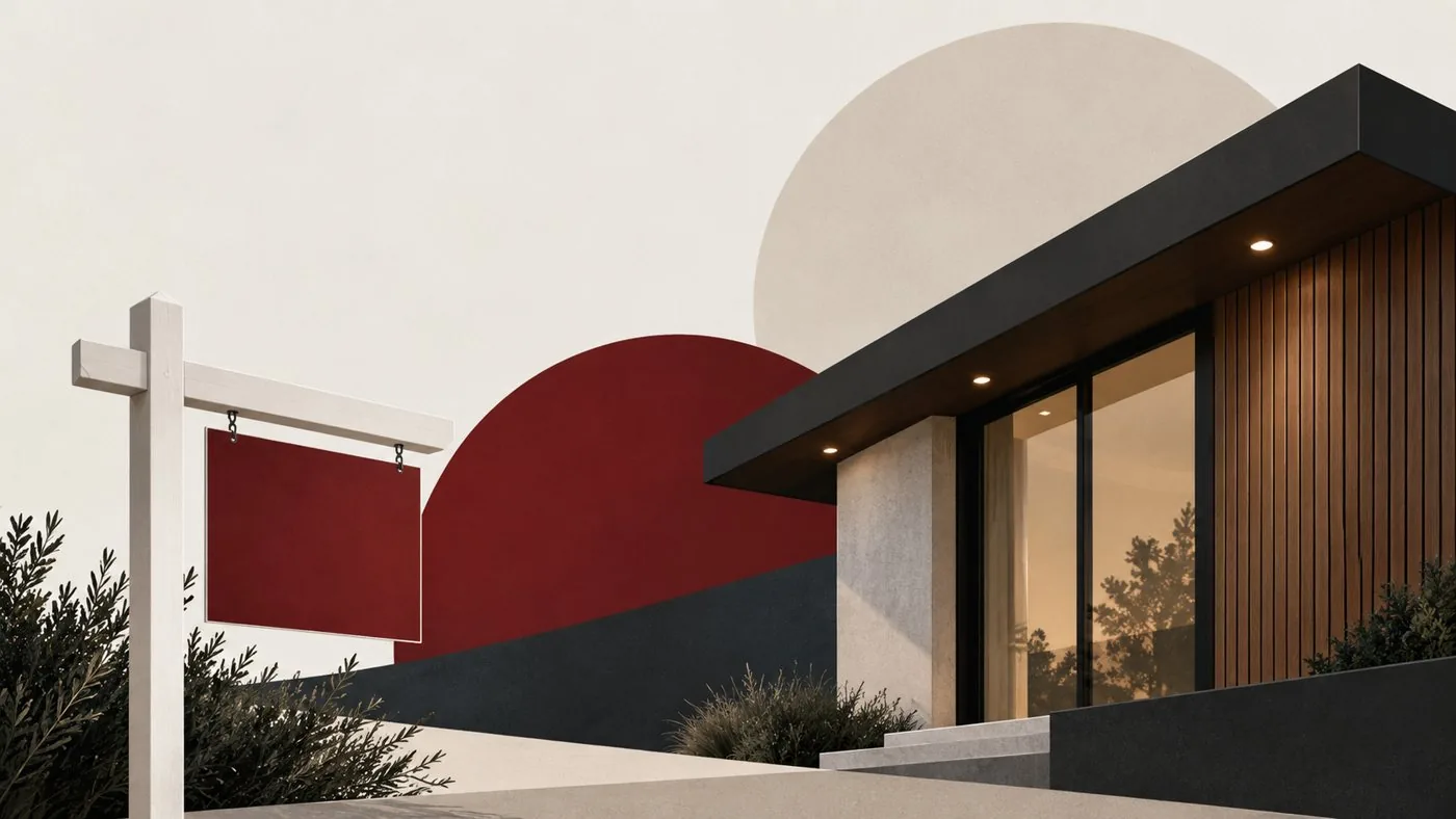 A modern home with a yard sign out front